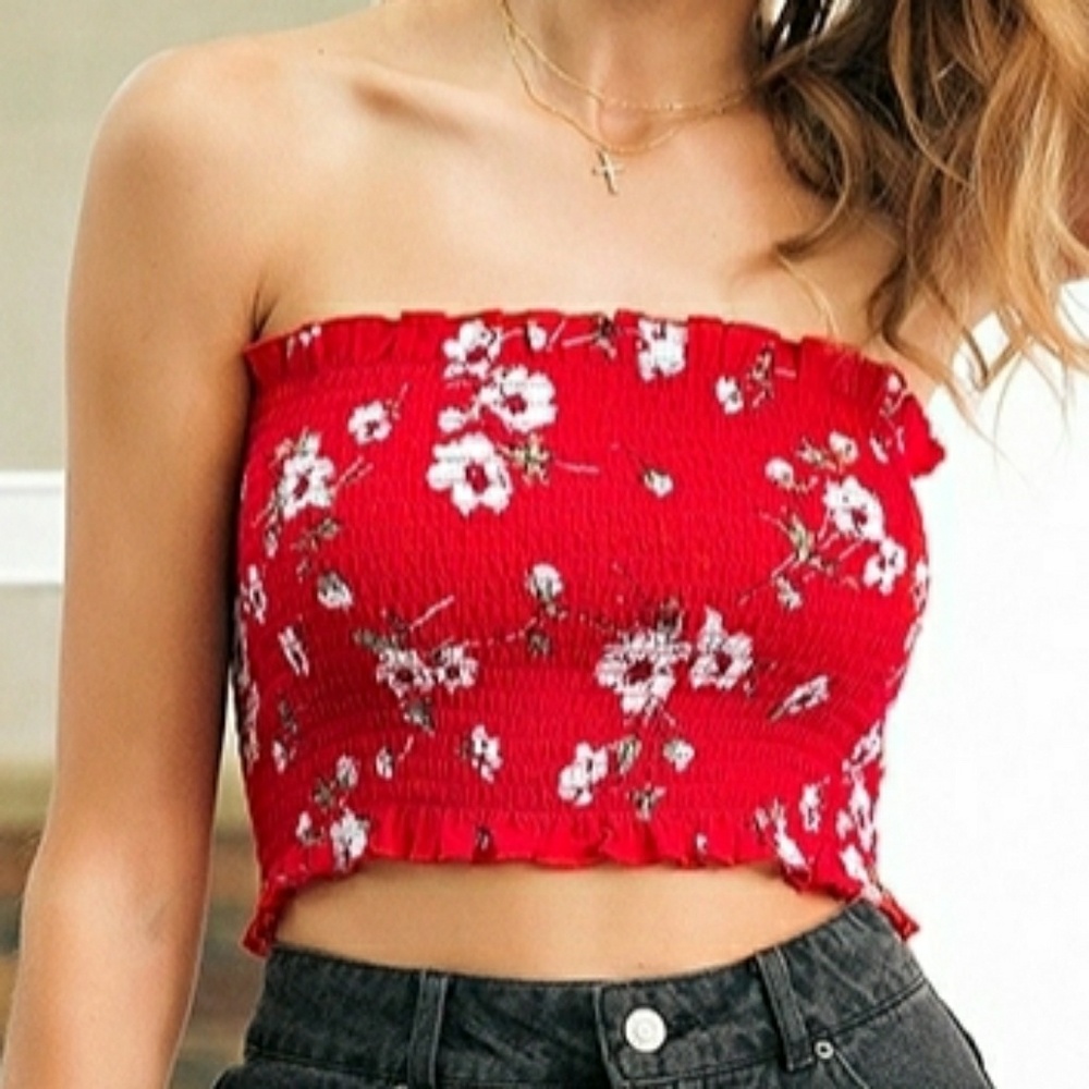 Sexy print strapless elestic crop top women Ruffle